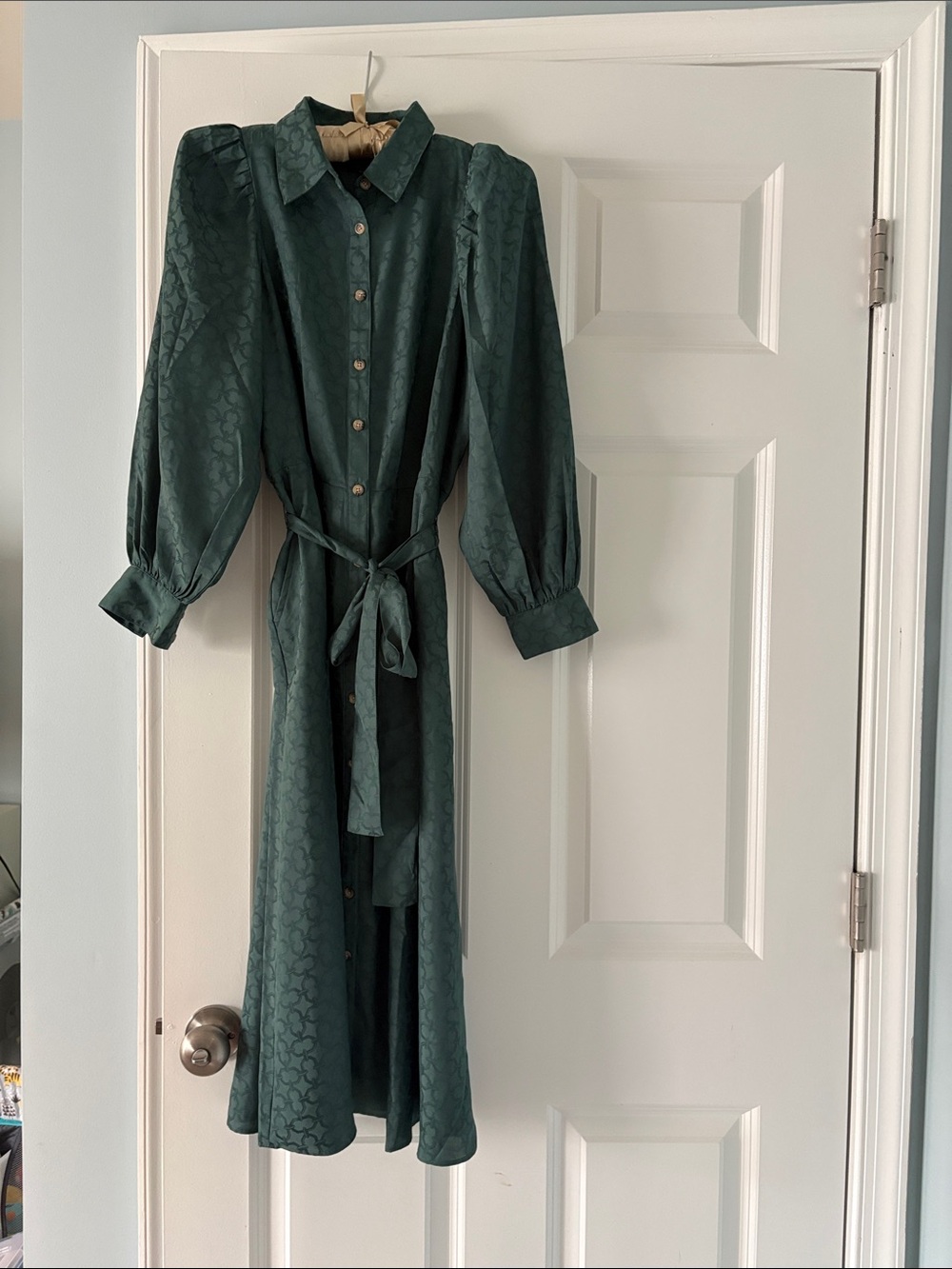 Ann Taylor Deep Green Button-Front Midi Dress with Tie Waist